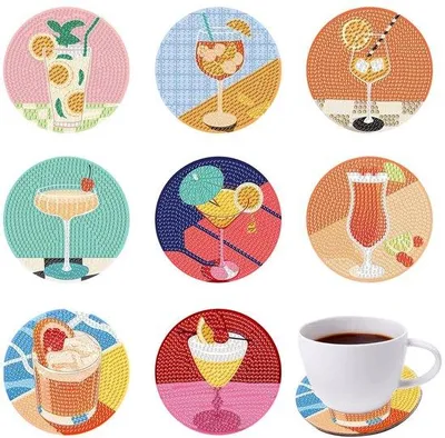 Image de Kit de peinture au diamant : lot de 8 sets de dessous de verre pour le bricolage, pour tasses, verres à vin, vases, décoration d'intérieur, cuisine