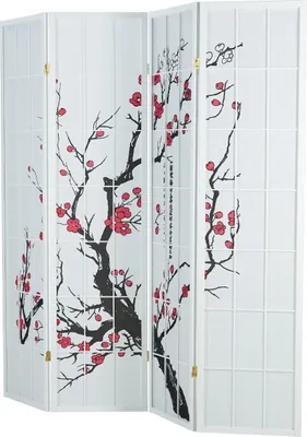 Produktbild von Homestyle4u Paravent Raumteiler 4 teilig Holz Reispapier Weiß Kirschblüte Indoor