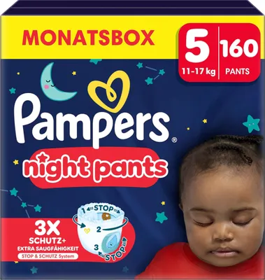 A package of Pampers night pants with a baby's face visible on the right.