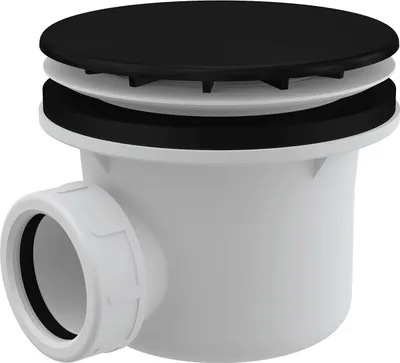 A product shot of a black and white drain fitting.