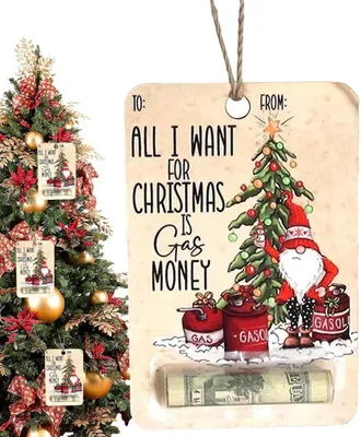 A Christmas ornament designed to hold money, featuring a gnome and a Christmas tree illustration.