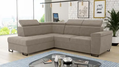 Produktbild von Ecksofa Natan mit Schlaffunktion und einstellbare Kopfstützen - Wohnlandschaft mit Metallfüßen, Couchgarnitur, Bettkasten, Sofa (Ecksofa Links, Beige (Paros 02))