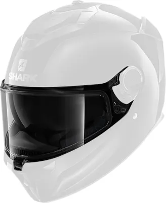 A white motorcycle helmet with a dark tinted visor.
