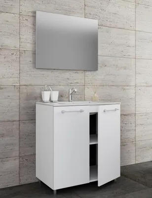 Produktbild von VCM 3-tlg. Set | 1 Waschtisch mit Dretüren, 1 Spiegel, 1 Waschbecken | Keramik Waschbecken | Unterschrank stehend 80 cm | Badmöbel Set - Badinos