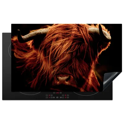 Produktbild von KitchenYeah© Herdabdeckplatte Schottischer Highlander - Kuh - Hörner - Porträt - Tiere , 83x51cm, Küche Deko, Glaskeramikkochfeld Herdabdeckung, Abdeckplatte fùr Kochfeld
