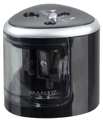 A black electric pencil sharpener with a transparent container for shavings.