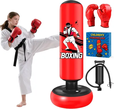 Zdjęcie produktu dla Wolnostojący worek treningowy 168 cm, w zestawie rękawice, do kickboxingu, dla dzieci w wieku 3-14 lat