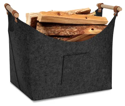 Image de Panier en feutre gris foncé pour bois de cheminée, Ikodm, 57 litres, épaisseur 5 mm, dimensions 45 x 40 x 32 cm, pliable, avec poignées en bois