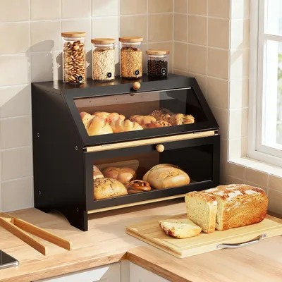 Zdjęcie produktu dla Chlebak 39x25x32 cm, 2-poziomowy, bambus i tworzywo sztuczne, czarny, do kuchni