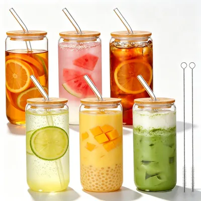 6 Trinkgläser mit Deckel & Strohhalm, 500 ml, Borosilikatglas