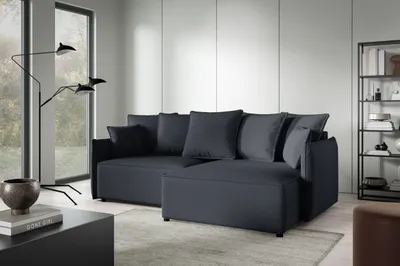 Produktbild von 3 Sitzer Ecksofa in L-Form ANTONIO MINI ABRIAMO, Ottomane rechts/links, Schlaffunktion & Bettkästen, Eckarniutur in Bouclé-Optic Dunkelblau