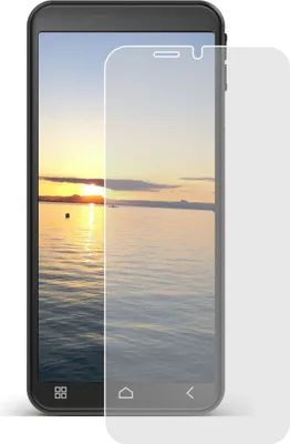 A smartphone with a screen protector partially applied, showing a sunset over water.