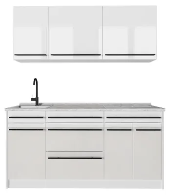 Zdjęcie produktu dla Kuchnia pojedyncza Vicco R-Line Biały wysoki połysk/Biały 160 cm blat roboczy Marmur, Model 66188