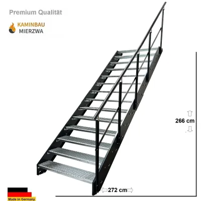 Obrázek produktu pro Ocelové schodišťové mřížové stupně 14 stupňů výška 272 cm - Zábradlí vpravo - Pozinkované a antracitové strany - (š x v x h) 80 x 266 x 272 cm