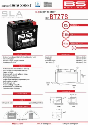 Productafbeelding van BS BATTERIE BTZ7S (FA) (YTZ7S) 12V 6AH 112x69x103. Onderhoudsvrij - Vloeistofgevuld (130A) (8)