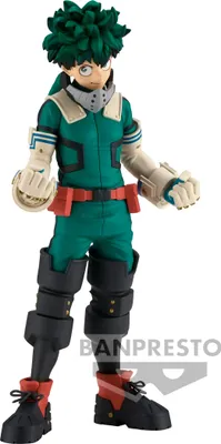 A full-body shot of an anime figurine of Izuku Midoriya from My Hero Academia, standing against a white background.