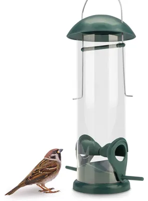Productafbeelding van Vogelvoerdispenser met korrels, groen, 20 cm. Met 2 landingsplaatsen. Materiaal: kunststof