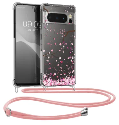 Produktbild von kwmobile Necklace Case kompatibel mit Google Pixel 8 Pro Hülle - Silikon Cover mit Handykette - Rosa Dunkelbraun Transparent Kirschblütenblätter
