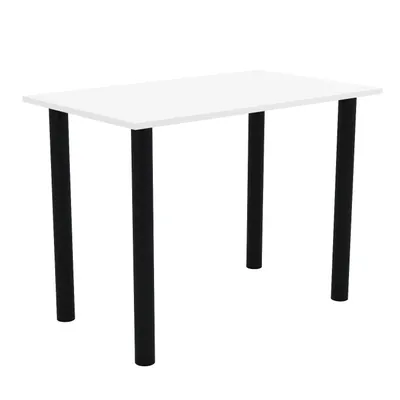 A white table with black legs on a white background.