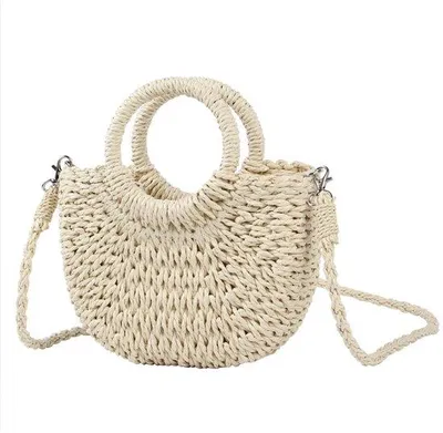 Produktbild von Unyqoos® Damen Strohtasche – Sommer-Handtasche aus 100% Naturstroh, handgewebt, 25×15 cm, Griff 11 cm, abnehmbarer 120 cm Schulterriemen, Polyesterfutter, Kordelzug