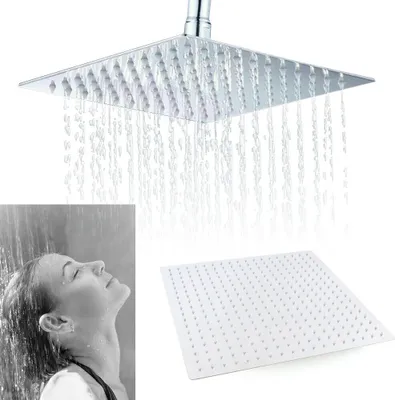 A square shower head with water spraying from it, and a black and white inset image of a woman enjoying a shower.
