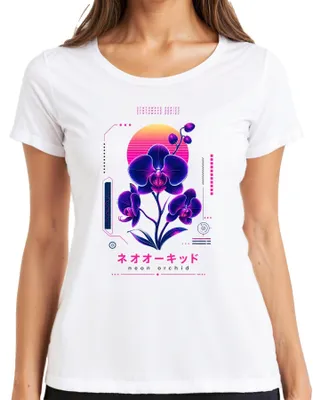 Immagine prodotto di T-shirt da donna, bianco, taglia L, con stampe ispirate a: orchidee, neon, synthwave, vaporwave, Giappone, stile anni 2000