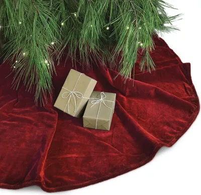 A close-up view of a Christmas tree skirt with two wrapped gifts underneath.