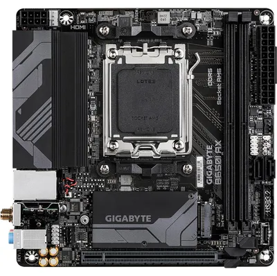 Produktbild von GIGABYTE B650I AX Mainboard - AMD Ryzen 9000er-Serie, 5+2+1 Phasen VRM, bis zu 6400 MHz DDR5 (OC), 1xPCIe 4.0 M.2, 2,5 GbE LAN, WIFI 6E, USB 3.2 Gen 2, AMD, Sockel AM5, AMD Ryzen 7000 Series, AMD Ryzen 8000 Series, AMD Ryzen 9000 Series, Sockel AM5, DDR5-SDRAM, 128 GB