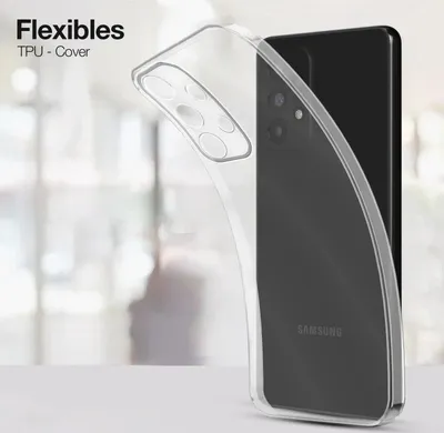 A clear TPU phone case is shown partially covering a black Samsung smartphone.