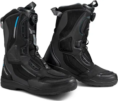 A pair of black motorcycle boots shown from a front-side angle against a white background.