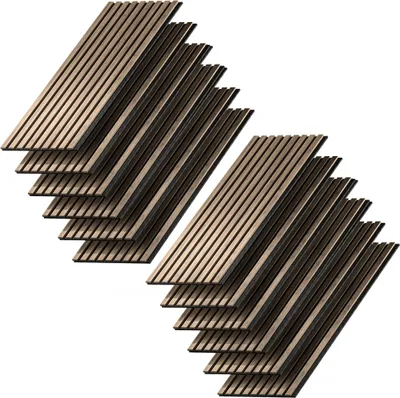 Two stacks of wooden acoustic panels with a ribbed texture, arranged diagonally on a white background.