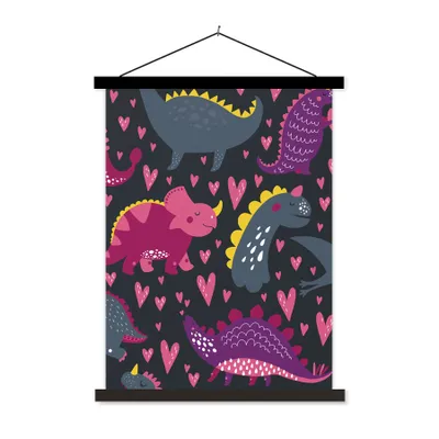 Produktbild von MuchoWow® Textilposter Dinosaurier - Kind - Muster - Rosa - Mädchen 60x80 cm mit schwarzem Rahmen - Plakathalter