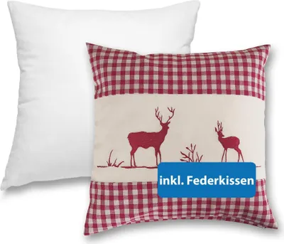 Obrázek produktu pro Povlak na polštářek 40x40 cm jelen červený s výplní z peří - zip venkovský styl dekorativní polštářek dekorativní polštářek výšivka kostkované světlé pozadí