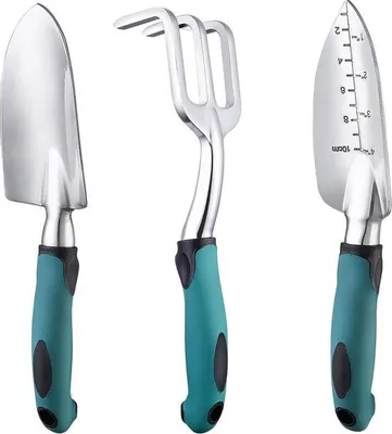 Immagine prodotto di Set di 3 utensili da giardino Unyqoos®: completo set di attrezzi da giardinaggio manuale in alluminio resistente alla ruggine, composto da una paletta da trapianto, una paletta da giardino e un rastrello da giardino