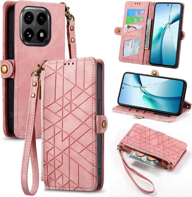 Produktbild von Für Xiaomi 15T 5G Geometric Design Kunstleder Zipper Book Wallet Tasche Rosa