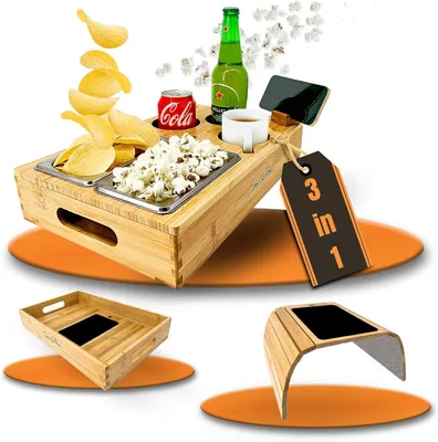 Produktbild von Couchbar Snackbox mit anpassbarer Couch Ablage für 2 Personen - Sofa Snackbar Organizer aus Bambus - Couchtablett Sofatablett mit Getränkehalter