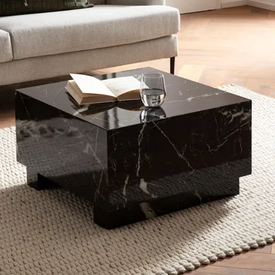Immagine prodotto di FineBuy Tavolino MONOBLOC 60x60x35 cm Effetto marmo lucido nero Tavolino da salotto Cubico Tavolino da divano Tavolino da salotto a forma di cubo