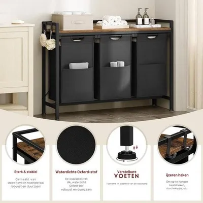 Produktbild von Wäschekorb mit 3 Wäschesäcken – Ausziehbarer Wäschekorb – Metallrahmen & Holzdeckel – Für Waschküche, Badezimmer oder Schlafzimmer – Schwarz – Modern & Platzsparend