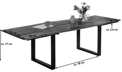 Produktbild von Baumkantentisch 120 (200) x 90 cm Adina, Akazienholz nussbaumfarben & massiv, Esszimmertisch mit 2 Ansteckplatten, Schwarzes U-Metallgestell