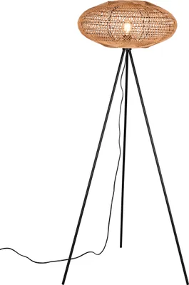 A floor lamp with a woven lampshade and a tripod base, isolated on a white background.