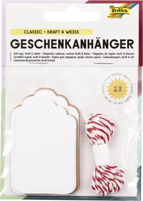 Produktbild von folia Geschenkanhänger lang natur & weiß 12 Stück + 1 Schnur