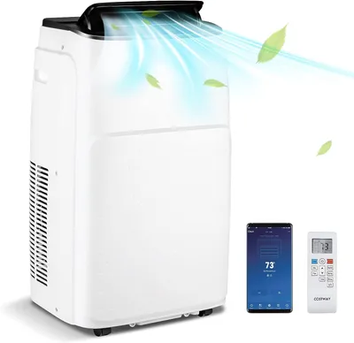 A white portable air conditioner is shown with blue air and green leaves flowing out of the top, indicating cooling. A smartphone displaying an app interface and a remote control are placed in front of the unit.