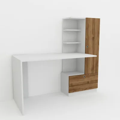 Image de Bureau d'étude avec bibliothèque en panneau mélaminé blanc et noyer 149,5 cm