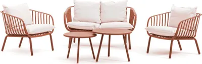 Produktbild von Gartenset mit 2-Sitzer-Sofa, 2 Sesseln und 2 Tischen – Struktur aus harzverstärktem Fiberglas mit Stahlbeinen, abnehmbare 10-cm-Kissen – modernes und komfortables Design für Garten, Terrasse und Veranda – BELLAGIO – Terrakotta