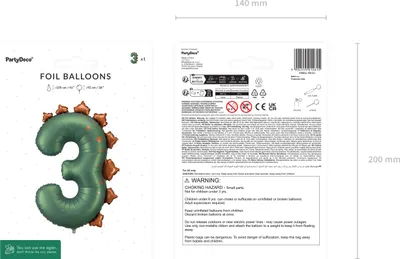 Zdjęcie produktu dla Balony foliowe Cyfra 3 Balon z cyfrą 92 cm Dinozaur Zielony / Brązowy