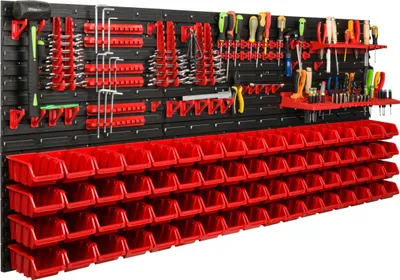 Immagine prodotto di Sistema di stoccaggio Scaffale da officina | 172 x 78 cm | 68 pezzi. Scatola | Scaffale a muro con supporti per utensili e contenitori impilabili - Pannelli a muro Scaffale extra forte Scaffale forato per utensili Scaffale da magazzino Scaffale da garage