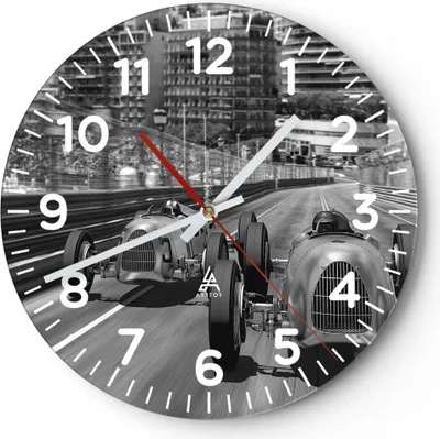 Produktbild von Wanduhr - Rund - Glasuhr - Formel 1 Retro - 40x40cm - Schleichendes Uhrwerk - Lautlos - zum Aufhängen bereit - Dekoration Modern - Wanddekoration aus Glas - C4AR40x40-4843