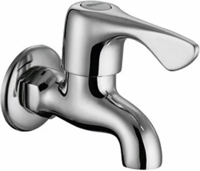 A close-up studio shot of a chrome faucet.