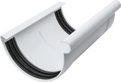 A white gutter connector with black rubber seals, shown in isolation against a white background.