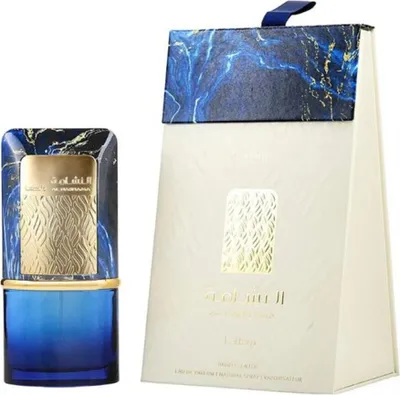 A perfume bottle and its packaging are displayed side-by-side against a white background.